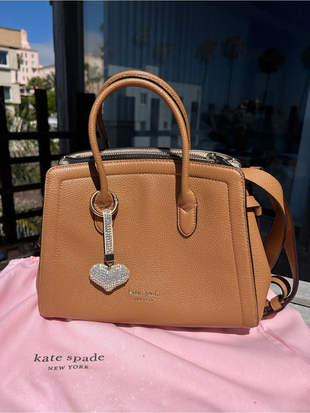 kate spade tan leather satchel with crystal heart charm